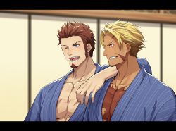 Rule 34 | 00047, 2boys, arm on another&#039;s shoulder, beard, beowulf (fate), blonde hair, blue eyes, brown hair, facial hair, fate/grand order, fate (series), formal, long sideburns, male focus, multiple boys, muscular, napoleon bonaparte (fate), one eye closed, open mouth, pectorals, red eyes, scar, sideburns, smile, tan