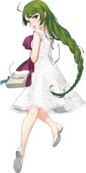 Rule 34 | 1girl, back, bag, blue eyes, braid, dress, fujikawa, full body, green hair, handbag, kantai collection, long hair, long sleeves, looking at viewer, looking back, mole, mole under mouth, official art, open mouth, purple dress, smile, torn clothes, transparent background, very long hair, white background, white dress, yuugumo (kancolle)