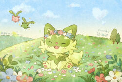 Rule 34 | :3, :d, ^ ^, alternate color, artist name, blue flower, blue sky, blush, bud, closed eyes, cloud, commentary request, creatures (company), day, fangs, field, flower, flower wreath, game freak, gen 2 pokemon, grass, head wreath, hoppip, mian (user kwcj2833), nintendo, no humans, open mouth, outdoors, pawpads, pink flower, plant, pokemon, pokemon (creature), red flower, shiny pokemon, signature, sitting, sky, smile, sprigatito, tree, twitter username, white flower