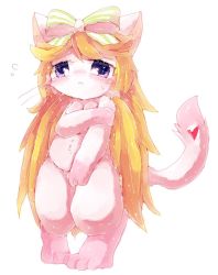 Rule 34 | 1girl, alice (cat busters), blonde hair, cat, cat busters, covering privates, covering breasts, covering crotch, furry, furry female, long hair, purple eyes, solo, wa hito uppe