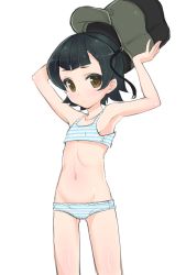 Rule 34 | 10s, 1girl, aohashi ame, arare (kancolle), armpits, arms up, bikini, black hair, blue bra, blue panties, blush, bra, brown eyes, cowboy shot, flat chest, groin, hat, highres, holding, holding clothes, holding hat, kantai collection, looking at viewer, navel, panties, short hair, simple background, solo, striped bikini, striped bra, striped clothes, striped panties, swimsuit, underwear, underwear only, unworn hat, unworn headwear, white background