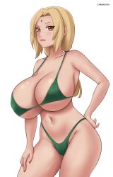 Rule 34 | 1girl, absurdres, bikini, blonde hair, breasts, brown eyes, cleavage, gummslime, highres, huge breasts, large breasts, looking at viewer, nail polish, naruto, naruto (series), naruto shippuuden, smile, solo, swimsuit, thighs, tsunade (naruto)