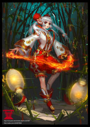 Rule 34 | 1girl, absurdres, adapted costume, ahoge, alternate costume, bamboo, bamboo forest, black border, border, bow, embellished costume, fire, forest, fujiwara no mokou, full body, h-kun, hair bow, highres, lantern, long hair, long sleeves, looking at viewer, magic, nature, open mouth, outdoors, outstretched arms, paper lantern, red eyes, ribbon, silver hair, solo, spread arms, touhou, watermark, web address