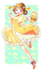 Rule 34 | 1girl, braid, brown hair, chinese clothes, commentary, delicious party precure, dress, hair ornament, hair rings, hanamichi ran, high heels, highres, jj (ssspulse), leg up, looking at viewer, medium dress, mem-mem (precure), open mouth, orange footwear, panda hair ornament, petticoat, precure, puffy short sleeves, puffy sleeves, red eyes, short hair, short sleeves, smile, solo, standing, standing on one leg, twin braids, yellow dress
