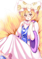 Rule 34 | 1girl, animal hat, blonde hair, blush, breasts, dress, female focus, fox girl, fox tail, gradient background, hat, hat with ears, highres, large breasts, looking at viewer, mob cap, multiple tails, open mouth, panties, mob cap, pink panties, short hair, sitting, slit pupils, solo, tabard, tail, touhou, underwear, white dress, wide sleeves, wildcat (kusonemi), yakumo ran, yellow eyes