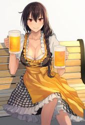 Rule 34 | 1girl, alcohol, alternate costume, apron, barmaid, beer, beer mug, bench, black dress, black hair, blouse, breasts, cleavage, cup, dirndl, dress, german clothes, hair between eyes, highres, holding, holding cup, kantai collection, kasumi (skchkko), large breasts, long hair, mug, nagato (kancolle), oktoberfest, pinafore dress, puffy short sleeves, puffy sleeves, red eyes, shirt, short sleeves, sitting, skirt, sleeveless dress, solo, traditional clothes, underbust, waist apron, waitress, white shirt, yellow apron