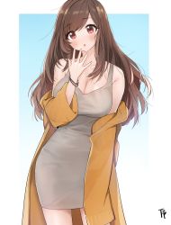 Rule 34 | 1girl, :o, bare shoulders, blue background, blush, breasts, brown hair, cleavage, coat, collarbone, contrapposto, cowboy shot, dress, fpanda, gradient background, grey dress, head tilt, highres, idolmaster, idolmaster shiny colors, large breasts, long hair, long sleeves, looking at viewer, off shoulder, open clothes, open coat, open mouth, orange coat, red eyes, signature, sleeves past fingers, sleeves past wrists, solo, swept bangs, tareme, tsukioka kogane, wristband