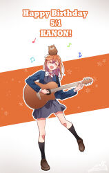 Rule 34 | 1girl, absurdres, animal, animal on head, bird, bird on head, black socks, blue jacket, brown footwear, collared shirt, commentary request, dress, dress shirt, full body, grey dress, guitar, hair between eyes, happy birthday, highres, holding, holding guitar, holding instrument, instrument, jacket, kashikaze, kneehighs, loafers, long sleeves, love live!, love live! superstar!!, medium hair, music, neck ribbon, on head, open clothes, open jacket, orange hair, outline, owl, pinafore dress, playing instrument, red ribbon, ribbon, shibuya kanon, shirt, shoes, signature, sleeveless, sleeveless dress, socks, solo, standing, standing on one leg, white background, white outline, white shirt