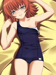 Rule 34 | 00s, 1girl, a1 (initial-g), armpits, bed sheet, collarbone, face, grey eyes, highres, kaleido star, lips, looking at viewer, lying, off shoulder, on back, one-piece swimsuit, red hair, rosetta passel, school swimsuit, short hair, solo, swimsuit