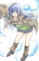 Rule 34 | 1girl, arm up, blue eyes, blue hair, blush, breasts, dot nose, eria the water charmer, highres, raion (inoueraion), skirt, solo, tagme, thighs, white background, yu-gi-oh!
