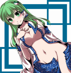 Rule 34 | 1girl, bare shoulders, blush, breasts, covered erect nipples, detached sleeves, female focus, frog, green eyes, green hair, groin, hair ornament, hal (goshujinomocha), hal (haruna), hand on own chest, kochiya sanae, large breasts, long hair, matching hair/eyes, navel, no bra, no panties, open clothes, open shirt, open skirt, shirt, simple background, skirt, smile, snake, solo, touhou, undressing