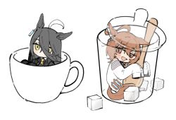Rule 34 | 2girls, agnes tachyon (umamusume), ahoge, animal ears, black hair, black suit, blush, brown eyes, chibi, chibi only, coat, commentary request, cup, ear tag, formal, hair between eyes, holding, holding spoon, horse ears, horse girl, horse tail, in container, in cup, lab coat, long hair, looking at viewer, manhattan cafe (umamusume), mini person, multiple girls, neckerchief, ohagi 0909, open mouth, short hair, simple background, sketch, smile, spoon, sugar cube, suit, tail, umamusume, white background, white coat, yellow eyes, yellow neckerchief