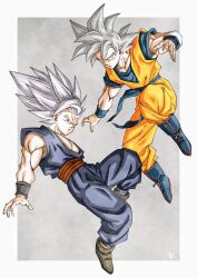 Rule 34 | 2boys, boots, color connection, dougi, dragon ball, dragon ball super, dragon ball super super hero, father and son, gohan beast, grey eyes, grey hair, hair color connection, highres, kakeru (dbskakeru), male focus, multiple boys, muscular, muscular male, official style, red eyes, signature, son gohan, son goku, toriyama akira (style), ultra instinct, wristband