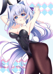 1girl 9-nine- absurdres animal_ear_hairband animal_ears arms_behind_head black_leotard black_pantyhose blue_eyes blue_hair bow bowtie breasts cleavage cowboy_shot detached_collar fake_animal_ears hair_intakes hairband highres kousaka_haruka large_breasts leotard pantyhose playboy_bunny rabbit_ears solo strapless strapless_leotard sukonbu385