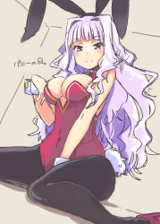 Rule 34 | 1girl, animal ears, bare shoulders, blush, bow, bowtie, breasts, cleavage, covered navel, detached collar, fake animal ears, idolmaster, idolmaster (classic), large breasts, leotard, light purple hair, long hair, looking at viewer, pantyhose, pink eyes, playboy bunny, rabbit ears, rabbit tail, red eyes, shijou takane, short hair, silver hair, simple background, sitting, smile, solo, tail, translation request, ueshita, wrist cuffs