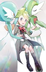 Rule 34 | 1boy, :d, alternate color, bow, bowtie, commentary request, creatures (company), gallade, game freak, gardevoir, gen 3 pokemon, gen 4 pokemon, green hair, grey eyes, huan li, knees, long sleeves, male focus, nintendo, official alternate costume, open mouth, pokemon, pokemon masters ex, red bow, red bowtie, shiny pokemon, shoes, short hair, shorts, smile, socks, tailcoat, tongue, wally (pokemon), wally (sygna suit) (pokemon)