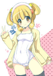 Rule 34 | 10s, 1girl, black thighhighs, blonde hair, cardigan, hairband, kise yayoi, one-piece swimsuit, open cardigan, open clothes, precure, school swimsuit, short hair, smile precure!, swimsuit, thighhighs, twintails, two side up, v, white hairband, white one-piece swimsuit, white school swimsuit, yellow eyes, yukiji shia
