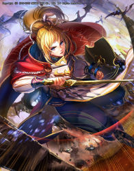 Rule 34 | 1girl, armor, attack, blonde hair, blue cape, blue pupils, boots, breastplate, cape, dragon, emperors saga, highres, holding, holding sword, holding weapon, liduke, long hair, long sleeves, looking at viewer, multicolored hair, official art, parted lips, ponytail, puffy long sleeves, puffy pants, puffy sleeves, purple eyes, red cape, shield, solo, spread legs, sword, watermark, weapon