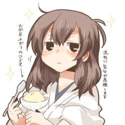 Rule 34 | 10s, 1girl, bad id, bad twitter id, black eyes, blush, brown hair, eating, food, ice cream, kaga (kancolle), kantai collection, lowres, rebecca (keinelove), short hair, solo, spoon