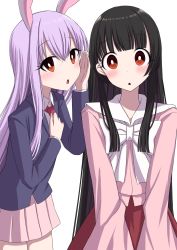 Rule 34 | 2girls, animal ears, arm up, black hair, blazer, blouse, blunt bangs, blush, bow, bowtie, commentary request, cowboy shot, hair between eyes, hand on own chest, hand on own face, head tilt, highres, hime cut, houraisan kaguya, jacket, lavender skirt, light purple hair, long hair, long sleeves, looking at viewer, miniskirt, multiple girls, necktie, pink shirt, pleated skirt, rabbit ears, red eyes, red neckwear, red skirt, reisen udongein inaba, shirt, sidelocks, simple background, skirt, standing, touhou, triangle mouth, tsukimirin, v arms, very long hair, white background, white neckwear, white shirt, wide-eyed, wing collar