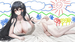 Rule 34 | 1girl, absurdres, ahoge, armlet, azur lane, bed sheet, black hair, blush, breasts, child&#039;s drawing, cleavage, commentary, dress, earrings, english commentary, feet out of frame, garter straps, groin, hair between eyes, hair ornament, hand on own hip, highres, jewelry, large breasts, long hair, lying, meme, necklace, official alternate costume, on side, panties, parted lips, piukute062, plunging neckline, red eyes, ring, side ponytail, signature, skindentation, solo, straight hair, taihou (azur lane), taihou (temptation on the sea breeze) (azur lane), thighhighs, thighs, underwear, very long hair, wedding dress, wedding ring, white dress, white panties, white thighhighs