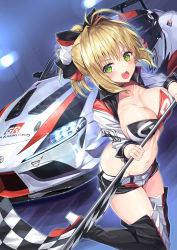 Rule 34 | 10s, 1girl, ahoge, alternate costume, belt, blonde hair, blush, boots, breasts, car, checkered flag, cleavage, clothes writing, commentary request, cropped jacket, fate/extra, fate/grand order, fate (series), flag, gedou (shigure seishin), green eyes, hair intakes, hair ribbon, high heels, holding, holding flag, large breasts, long hair, long sleeves, looking at viewer, midriff, motor vehicle, navel, nero claudius (fate), nero claudius (fate) (all), nero claudius (fate/extra), open mouth, ponytail, race queen, ribbon, solo, standing, thigh boots, thighhighs, thighs, toyota, toyota supra, toyota supra mk v