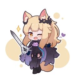 Rule 34 | 1girl, ;d, animal ear fluff, animal ears, arknights, black cloak, black dress, black footwear, black thighhighs, blemishine (arknights), blemishine (moon catastrborn) (arknights), blonde hair, blue gloves, blush, boots, brown eyes, cloak, commission, dress, fang, full body, gloves, heart, holding, holding sword, holding weapon, kurotofu, looking at viewer, one eye closed, open mouth, outline, short eyebrows, smile, solo, sparkle, standing, sword, tail, thick eyebrows, thighhighs, thighhighs under boots, w, weapon, white outline