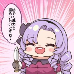 Rule 34 | 1girl, :d, black hairband, blush stickers, chibi, closed eyes, drill hair, emphasis lines, facing viewer, hairband, holding, holding knife, hyakumantenbara salome, hyakumantenbara salome (1st costume), knife, nijisanji, open mouth, purple hair, round teeth, smile, solo, takato kurosuke, teeth, translation request, upper teeth only, virtual youtuber