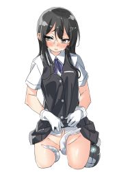 Rule 34 | 10s, 1girl, abyssal ship, bad id, bad twitter id, black hair, black skirt, black vest, blush, breast pocket, buttons, clothes lift, collared shirt, cowboy shot, cropped legs, ebifurya, enemy naval mine (kancolle), gloves, gluteal fold, groin, hair between eyes, hair ornament, hairclip, highres, inactive account, kantai collection, lifting own clothes, long hair, looking away, looking to the side, neck ribbon, no panties, open mouth, oyashio (kancolle), pleated skirt, pocket, purple ribbon, ribbon, shirt, short sleeves, sidelocks, simple background, skirt, skirt lift, sleeveless, tears, tentacles, vest, white background, white gloves, white shirt, yellow eyes