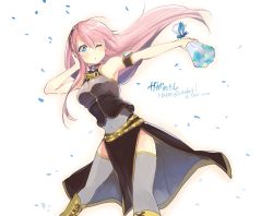 Rule 34 | 1girl, aqua eyes, armpits, bad id, bad pixiv id, bouquet, breasts, flower, hand in own hair, happy birthday, headphones, long hair, megurine luka, one eye closed, pink hair, solo, thighhighs, ume (plumblossom), very long hair, vocaloid, wind