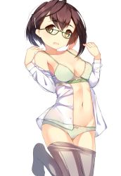 Rule 34 | 10s, 1girl, black pantyhose, bow, bow bra, bow panties, bra, breasts, cleavage, clothes pull, collarbone, gin00, glasses, green-framed eyewear, green bra, green panties, highres, kantai collection, leg up, looking at viewer, midriff, navel, okinami (kancolle), panties, pantyhose, pantyhose pull, polka dot, polka dot bra, polka dot panties, short hair, simple background, small breasts, solo, standing, standing on one leg, stomach, underwear, white background