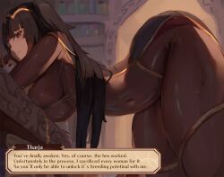 Rule 34 | 1girl, assertive female, bent over, black hair, bodystocking, breast press, breasts, covered navel, dialogue box, female pervert, fire emblem, fire emblem awakening, highres, indoors, large breasts, long hair, looking at viewer, mirai hikari, nintendo, pervert, smile, solo, standing, tharja (fire emblem), thighs, twintails
