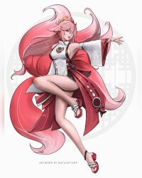 Rule 34 | 1girl, animal ears, bare legs, bare shoulders, breasts, detached sleeves, fox ears, fox tail, genshin impact, highres, large breasts, large tail, long hair, long sleeves, looking at viewer, multiple tails, notgustiarp, one eye closed, pink hair, purple eyes, sandals, shirt, sideboob, sleeveless, sleeveless shirt, solo, tail, thighs, tongue, tongue out, very long hair, white shirt, yae miko