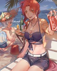 Rule 34 | 2girls, 791 (meiyuewudi), :d, alcohol, beach, beach chair, belt, black shorts, blue eyes, blue shirt, blue sky, bottle, breasts, can, champagne, cleavage, closed mouth, cloud, cloudy sky, denim, denim shorts, drink can, full body, hat, highres, holding, holding can, honkai (series), honkai impact 3rd, jacket, jewelry, long hair, looking at viewer, multiple girls, murata himeko, murata himeko (scarlet fusion), navel, necklace, open clothes, open jacket, open mouth, outdoors, palm tree, red hair, seashell, see-through, shell, shirt, shorts, sitting, sky, smile, soda can, squatting, straw hat, table, theresa apocalypse, theresa apocalypse (valkyrie pledge), towel, tree, water, white hair, yellow eyes, yellow jacket