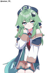 Rule 34 | 1girl, absurdres, ahoge, bags under eyes, bandaid, bandaid on hand, bare shoulders, closed mouth, detached sleeves, green eyes, green hair, highres, honkai: star rail, honkai (series), huohuo (honkai: star rail), looking at viewer, meteor (ks111278), paw-shaped pupils, shorts, simple background, symbol-shaped pupils, tail (honkai: star rail), thigh gap, twitter username, white background