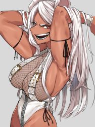 Rule 34 | 1girl, alternate costume, animal ears, armpits, arms up, boku no hero academia, breasts, commentary request, costume request, cowboy shot, dark-skinned female, dark skin, frilled cuffs, gradient hair, grey background, hands in hair, highres, large breasts, long hair, looking at viewer, mirko, multicolored hair, muscular, muscular female, neshia (tsaqif0309), open mouth, outline, parted bangs, rabbit ears, rabbit girl, rabbit tail, red eyes, see-through, shiny clothes, shiny skin, sideways mouth, simple background, smile, solo, tagme, tail, taut clothes, teeth, tsurime, very long hair, white hair, wrist cuffs
