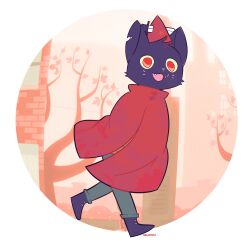 Rule 34 | 1girl, absurdres, black footwear, black fur, cat, cloak, colored sclera, fangs, full body, furry, furry female, green pants, hat, highres, knife, mae borowski, mixed-language commentary, niconuki, night in the woods, notched ear, open mouth, pants, red cloak, red eyes, red hat, signature, solo, walking, whiskers, yellow sclera