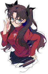 Rule 34 | 1girl, adjusting eyewear, arm up, black-framed eyewear, black hair, black ribbon, black skirt, blue eyes, closed mouth, commentary request, cross, fate/stay night, fate (series), glasses, hair ribbon, long hair, long sleeves, looking at viewer, parted bangs, red sweater, ribbon, simple background, skirt, solo, sweater, tatsuta age, tohsaka rin, twintails, two side up, upper body, white background