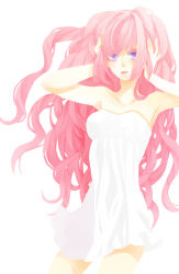Rule 34 | 1girl, armpits, bare shoulders, dress, female focus, kgr1989, long hair, megurine luka, pink hair, purple eyes, simple background, sleeveless, solo, vocaloid, white background