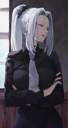 Rule 34 | 1girl, absurdres, black eyes, black scrunchie, black shirt, black skirt, breasts, closed mouth, collared shirt, commentary, cowboy shot, crossed arms, forehead, grey hair, hair ornament, hair scrunchie, highres, jujutsu kaisen, large breasts, lips, long sleeves, looking afar, looking to the side, mei mei (jujutsu kaisen), nanami (u nanamiii), necktie, ponytail, red lips, scrunchie, shirt, sidelocks, skirt, solo, upper body, white necktie