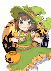 Rule 34 | 1girl, absurdres, animal print, blush, brown choker, brown hair, choker, collarbone, cowboy shot, dress, flat chest, freckles, frilled dress, frills, frog print, green dress, green eyes, green hat, halloween bucket, hat, heart, heart choker, highres, holding, holding staff, indie virtual youtuber, jack-o&#039;-lantern, lily hopkins, looking at viewer, missing tooth, opossumachine, orange sleeves, puffy short sleeves, puffy sleeves, short hair, short sleeves, solo, staff, teeth, virtual youtuber, witch hat