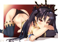 Rule 34 | 1girl, absurdres, armlet, ass, bikini, black hair, black thighhighs, bracelet, breasts, castell, detached sleeves, earrings, fate/grand order, fate (series), gold trim, gradient background, hair ribbon, highres, hoop earrings, ishtar (fate), jewelry, long hair, looking at viewer, medium breasts, mismatched bikini, neck ring, parted bangs, red background, red eyes, ribbon, single detached sleeve, single thighhigh, smile, solo, swimsuit, thighhighs, thighlet, thighs, tiara, top-down bottom-up, two side up