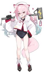 Rule 34 | 1girl, animal ears, beret, black one-piece swimsuit, blue hair, blush, fenrir (fenriluuu), hammer, hand on own hip, hat, heart, highres, holding, holding hammer, jacket, long sleeves, multicolored hair, one-piece swimsuit, open mouth, original, pink eyes, pink fur, pink hair, simple background, smile, solo, standing, swimsuit, tail, white background, wolf ears, wolf girl, wolf paws, wolf tail
