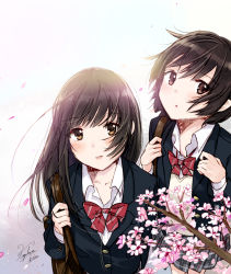 Rule 34 | 2girls, bag, black hair, black jacket, blazer, blush, bow, bowtie, brown eyes, brown hair, cherry blossoms, closed mouth, collarbone, collared shirt, commentary request, from above, gradient background, grey background, grey skirt, highres, jacket, kazuharu kina, long hair, long sleeves, looking at viewer, looking up, miniskirt, multiple girls, open clothes, open shirt, original, parted lips, petals, plaid, plaid skirt, pleated skirt, red bow, red neckwear, school bag, school uniform, shirt, short hair, skirt, smile, spring (season), tareme, upper body, white background, white shirt