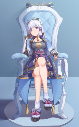 Rule 34 | 1girl, absurdres, arm guards, arm support, armchair, armor, ayaka (genshin impact), blue eyes, blunt bangs, breastplate, breasts, chair, choker, cleavage, collarbone, commentary, crossed legs, english commentary, frown, full body, genshin impact, grey background, hair ornament, hair ribbon, highres, japanese clothes, long hair, looking at viewer, medium breasts, ponytail, reulem, ribbon, short sleeves, sidelocks, silver hair, simple background, solo, tress ribbon