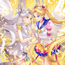 Rule 34 | 2girls, bishoujo senshi sailor moon, blonde hair, blue eyes, blue sailor collar, brooch, closed mouth, collarbone, commentary, crescent, crescent earrings, crescent facial mark, double bun, dress, earrings, elbow gloves, facial mark, feathered wings, feathers, forehead mark, frilled dress, frills, gloves, grey choker, grey eyes, grey hair, hair bun, hair ornament, heart, heart brooch, heart hair bun, heart o-ring, highres, holding hands, interlocked fingers, jewelry, long hair, looking at another, magical girl, multiple girls, multiple rings, nardack, parted bangs, pleated dress, ring, sailor collar, sailor cosmos, sailor moon, sailor senshi uniform, sidelocks, standing, star (symbol), star earrings, star facial mark, symbol-only commentary, tsukino usagi, twintails, very long hair, white dress, white gloves, wings