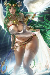 Rule 34 | 1girl, artist name, belt, breasts, cleavage, curvy, dress, female focus, green eyes, green hair, highres, holding, holding staff, jewelry, kid icarus, lace, lace-trimmed legwear, lace trim, large breasts, long hair, matching hair/eyes, navel, necklace, nintendo, palutena, panties, patreon username, sakimichan, see-through, signature, skindentation, smile, solo, staff, standing, thighhighs, underwear, very long hair, watermark, web address, white dress, white panties, white thighhighs, white wings, wide hips, wings
