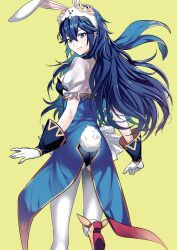 Rule 34 | 1girl, ameno (a meno0), animal ears, ass, blue eyes, blue hair, breasts, fake animal ears, fake tail, fire emblem, fire emblem awakening, fire emblem heroes, floating hair, gloves, grin, high heels, highres, leotard, long hair, looking at viewer, lucina (fire emblem), lucina (spring) (fire emblem), medium breasts, nintendo, official alternate costume, pantyhose, playboy bunny, puffy short sleeves, puffy sleeves, rabbit ears, short sleeves, simple background, smile, solo, standing, standing on one leg, tail, white gloves, white pantyhose, yellow background, yellow footwear