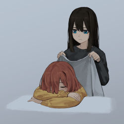 Rule 34 | 2girls, blue eyes, brown hair, commentary, english commentary, closed eyes, grey background, grey sweater, highres, long hair, long sleeves, mole, mole under eye, mole under mouth, multiple girls, nuri (yoon cook), original, simple background, sleeping, sweater, upper body, yellow sweater, yoon cook