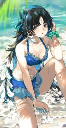 Rule 34 | 1girl, absurdres, aqua bow, aqua scrunchie, bikini, black hair, blue bikini, blue hair, bow, breasts, brown eyes, cleavage, feather hair, frilled bikini, frills, hair bow, halterneck, highres, in water, long hair, looking at viewer, medium breasts, mole, mole under eye, multicolored hair, navel, nik ibi, outdoors, parted bangs, parted lips, partially submerged, scrunchie, shallow water, sitting, solo, swimsuit, very long hair, water, water drop, white hair, wrist scrunchie, wuthering waves, yangyang (wuthering waves)